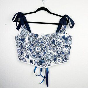 Hand Crafted Blue & White Porcelain Print Corset Top – Cottagecore Chic